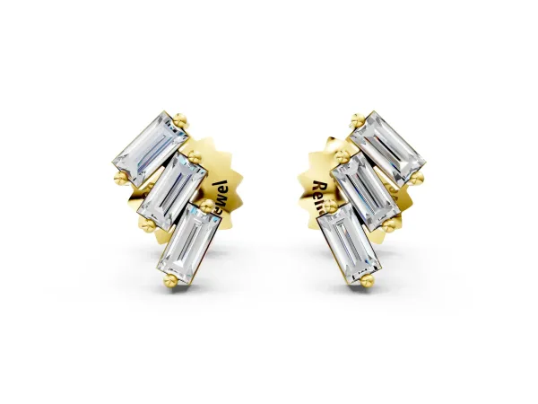 Baguette Diamond Three-Stone Stud Earrings Yellow gold
