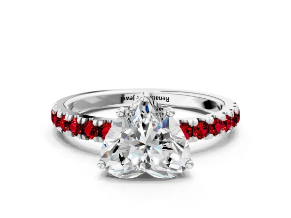 Heart Cut Diamond Pave Band Solitaire Ring with Round Ruby and Prong Setting Platinum