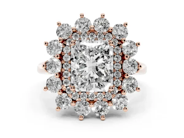 Radiant Cut Diamond Floral Double Halo Engagement Ring with Prong Setting Rose gold