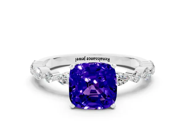 Cushion Cut Tanzanite Ring with Marquise and Round Side Stones and Four-Prong Setting White gold