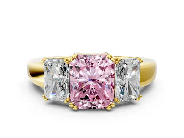 Fancy Pink Three-Stone Radiant Cut Cut Diamond Ring with Channel Set Band and Four-Prong Setting Yellow gold