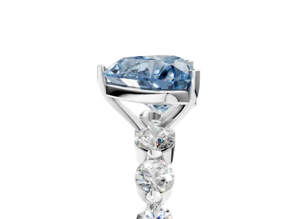 Fancy Blue Heart Cut Solitaire Diamond Ring with Pave Band and Four-Prong Setting White gold