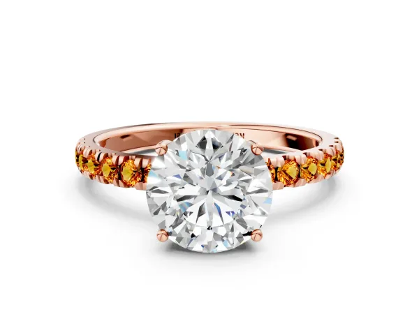 Round Cut Diamond Pave Band Solitaire Ring with Round Citrine and Prong Setting Rose gold