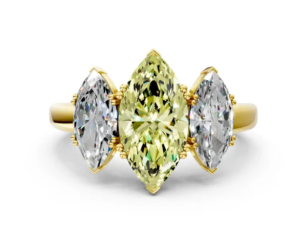 Fancy Yellow Three-Stone Marquise Cut Cut Diamond Ring with Channel Set Band and Four-Prong Setting Yellow gold