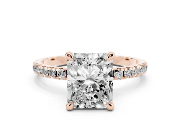 Radiant Cut Diamond Brilliant Solitaire Ring with Pavé Band and Four-Prong Setting Rose gold