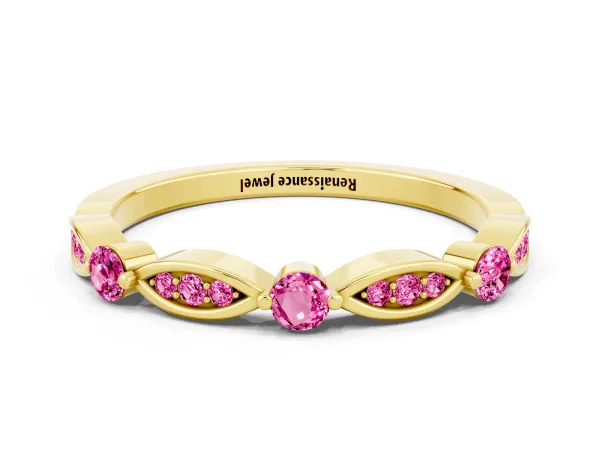 Marquise and Round Pink Sapphire Milgrain Band with Bezel Setting Yellow gold