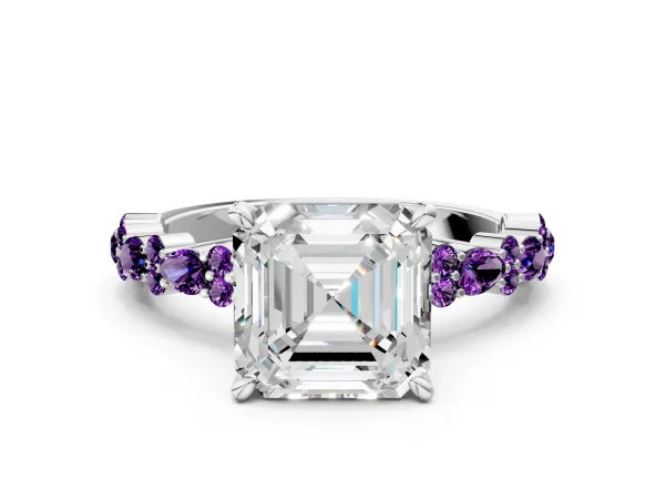 Asscher Cut Diamond Side Stone Solitaire Ring with Round Amethyst and Four-Prong Setting Platinum