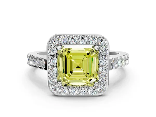 Fancy Yellow Asscher Cut Diamond Halo Ring with Round Pavé Split Shank and Prong Setting Platinum