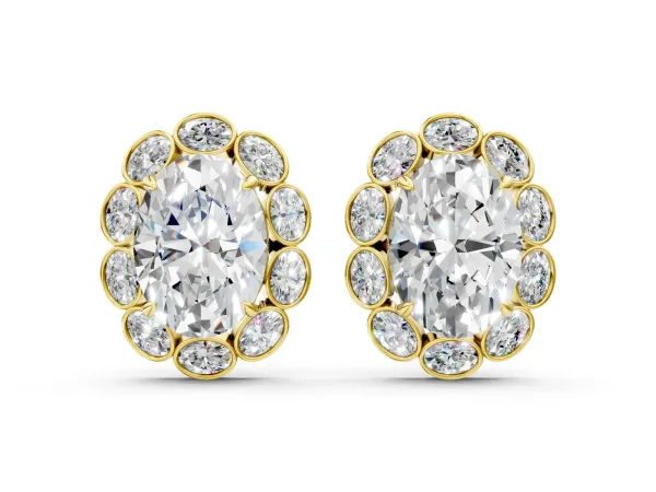 Oval Diamond Halo Stud Earrings with Oval Diamond Accents Yellow gold