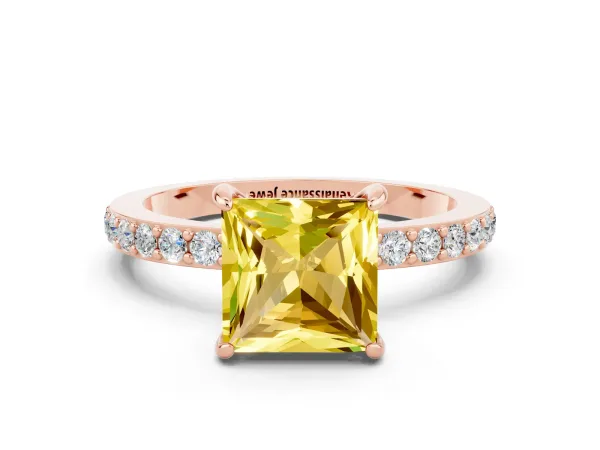 Princess Cut Yellow Sapphire Solitaire Engagement Ring with Pavé Band and Four-Prong Setting Rose gold