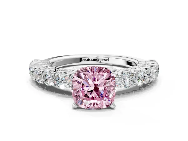 Fancy Pink Cushion Cut Diamond Solitaire Ring with Shared Prong Pavé Band and Four-Prong Setting White gold