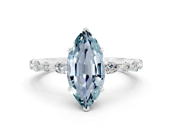 Marquise Cut Aquamarine Ring with Marquise and Round Side Stones and Four-Prong Setting White gold