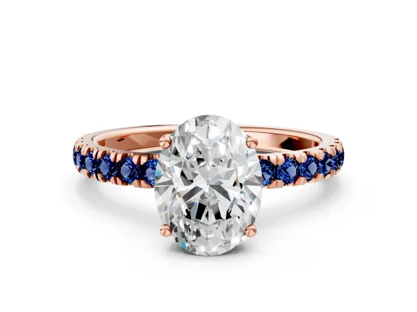 Oval Cut Diamond Pave Band Solitaire Ring with Round Blue Sapphire and Prong Setting Rose gold