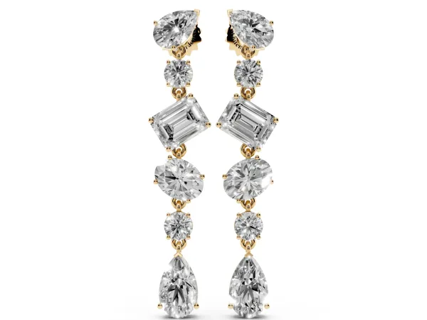 Pear, Oval, Emerald and Round Diamond Waterfall Drop Earrings Yellow gold