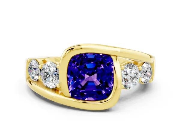Bezel Set Cushion Cut Tanzanite Bypass Ring with Round Accents Yellow gold