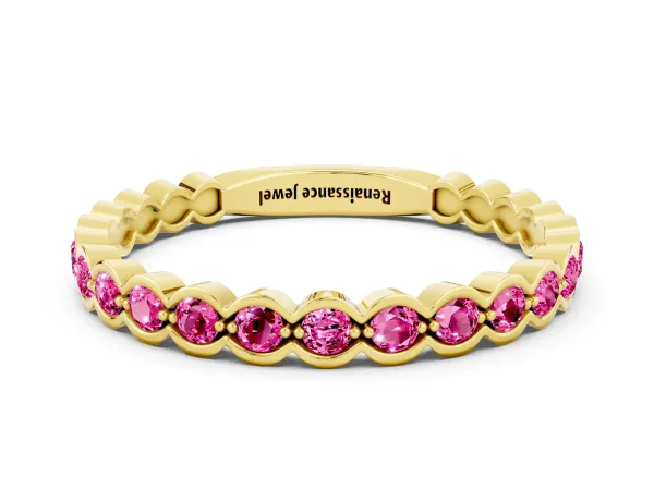 Round Pink Sapphire Bezel Set Eternity Band Yellow gold