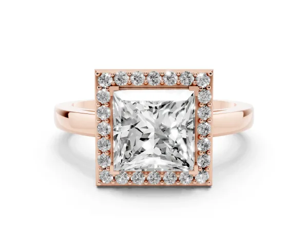Princess Cut Halo Diamond Ring with Solitaire Band and Prong Setting Rose gold