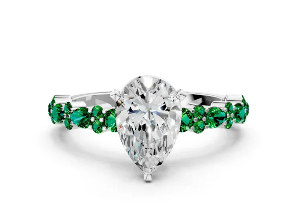 Pear Cut Diamond Side Stone Solitaire Ring with Round Emerald and Four-Prong Setting White gold