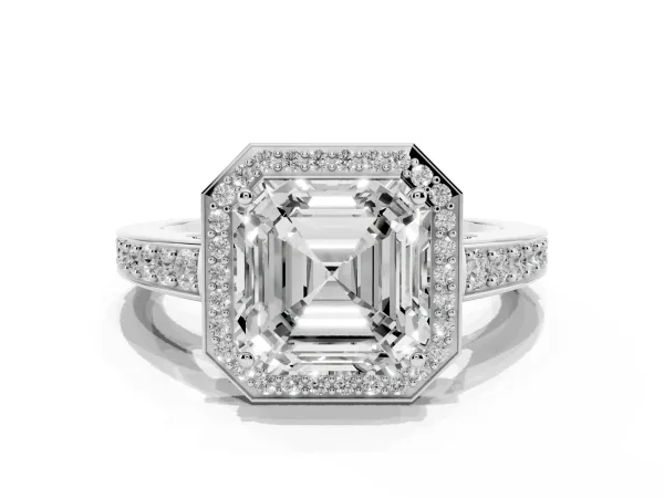 Asscher Cut Halo Pavé Diamond Engagement Ring with Bezel Setting Platinum