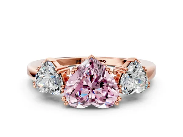 Fancy Pink Three-Stone Heart Cut Cut Diamond Ring with Channel Set Band and Four-Prong Setting Rose gold