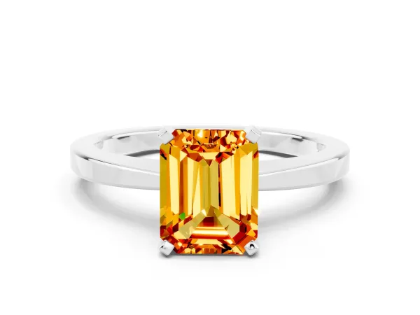 Emerald Cut Citrine Solitaire Engagement Ring with Classic Band and Four-Prong Setting Platinum
