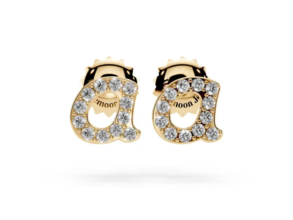 Round Diamond Initial A Stud Earrings Yellow gold