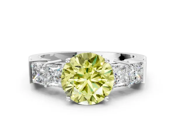 Fancy Yellow Round Cut Solitaire Princess Side Stone Engraved Band Prong Setting Ring Silver