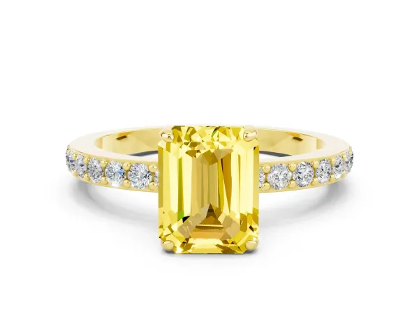 Emerald Cut Yellow Sapphire Solitaire Engagement Ring with Pavé Band and Four-Prong Setting Yellow gold