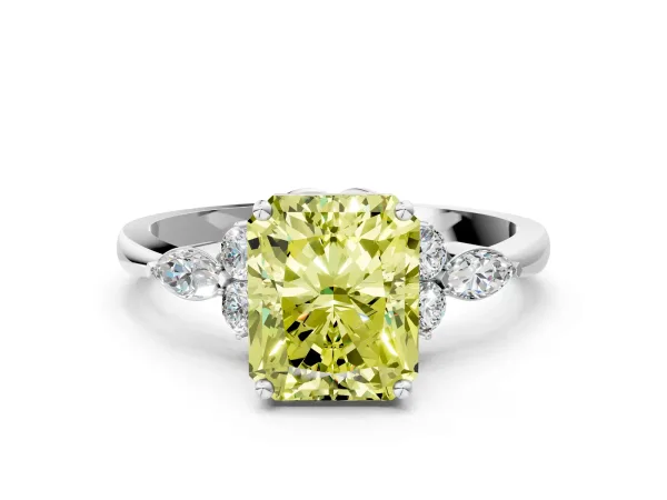 Fancy Yellow Radiant Cut Brilliant Diamond Solitaire Ring with Pear Side Stones and Four-Prong Setting Platinum