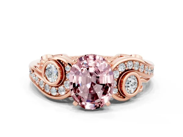 Oval Cut Morganite Solitaire Ring with Milgrain Pavé Band and Four-Prong Setting Rose gold