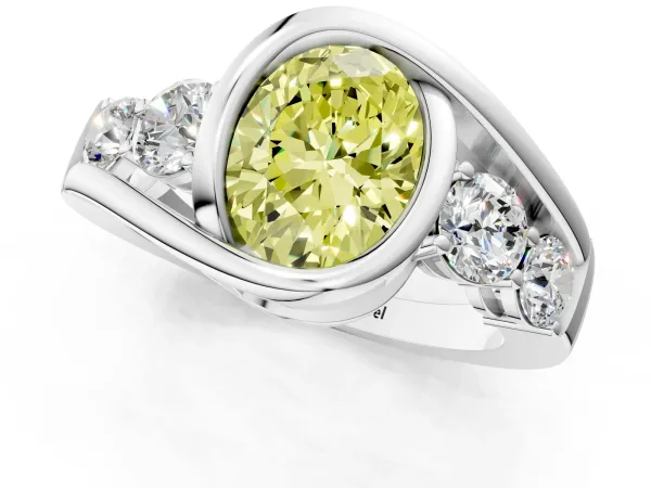 Fancy Yellow Bezel Set Oval Cut Diamond Bypass Ring with Round Accents Silver