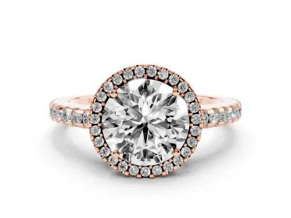 Round Cut Diamond Halo Engagement Ring with Pavé Band and Prong Setting Rose gold