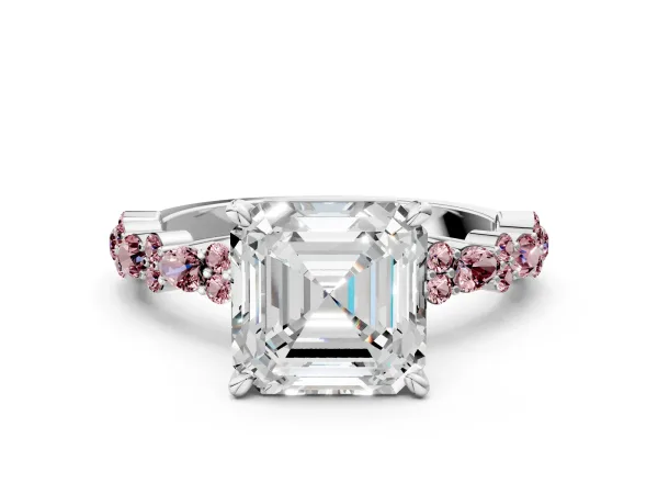 Asscher Cut Diamond Side Stone Solitaire Ring with Round Morganite and Four-Prong Setting Platinum