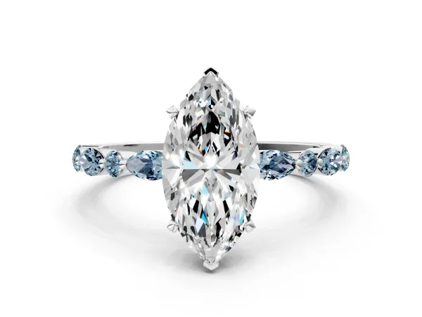 Marquise Cut Diamond Ring with Marquise and Round Aquamarine Side Stones and Four-Prong Setting White gold