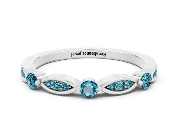 Marquise and Round Blue Topaz Milgrain Band with Bezel Setting Platinum