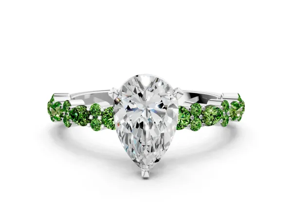 Pear Cut Diamond Side Stone Solitaire Ring with Round Peridot and Four-Prong Setting White gold
