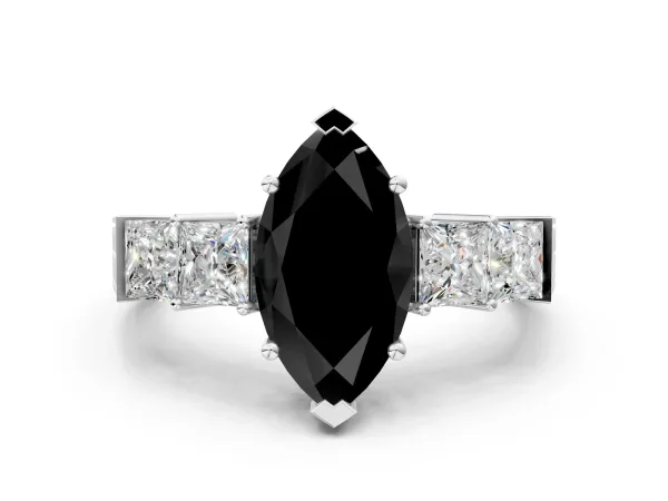 Fancy Black Marquise Cut Solitaire Princess Side Stone Engraved Band Prong Setting Ring Platinum