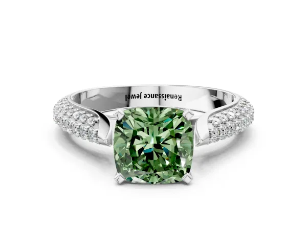 Fancy Green Cushion Cut Diamond Solitaire Engagement Ring with Multi-Row Round Pavé Band and Prong Setting White gold