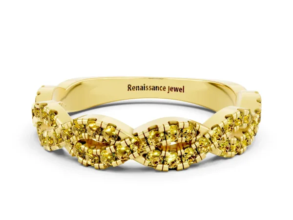 Round Yellow Sapphire Twisted Eternity Band with Pavé and Shared Prong Setting Yellow gold