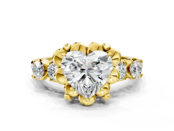 Heart Cut Cut Diamond Floral Halo Engagement Ring with Shared Prong Setting Yellow gold