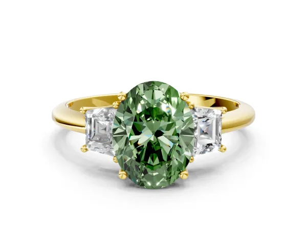 Fancy Green Oval Cut Diamond Three-Stone Ring with Trapezoid Side Stones and Prong Setting Yellow gold