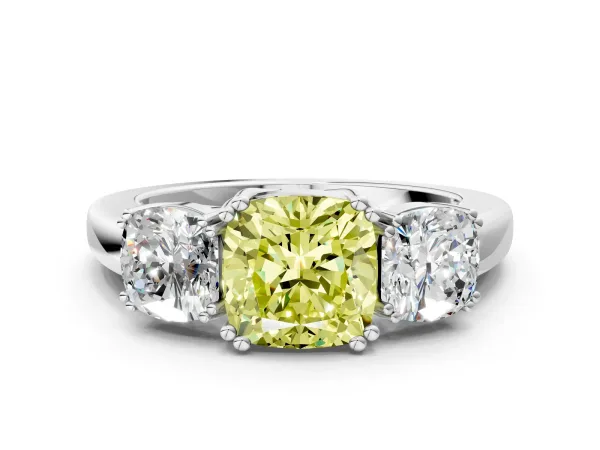 Fancy Yellow Three-Stone Cushion Cut Cut Diamond Ring with Channel Set Band and Four-Prong Setting Silver