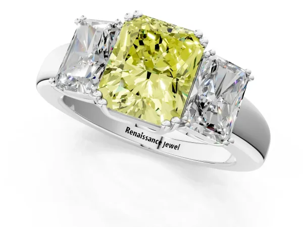 Fancy Yellow Three-Stone Radiant Cut Cut Diamond Ring with Channel Set Band and Four-Prong Setting Platinum