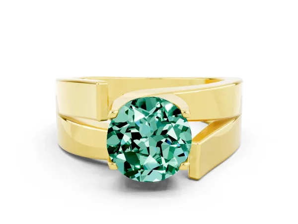 Modern Tension Set Round Cut Green Sapphire Solitaire Wide Band Ring Yellow gold
