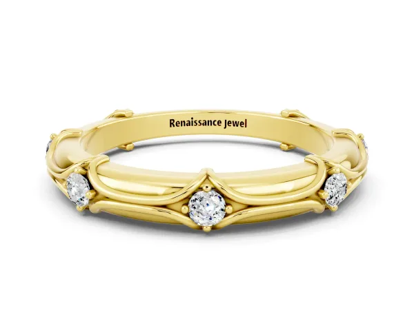 Round Moissanite Prong Set Milgrain Eternity Band Yellow gold