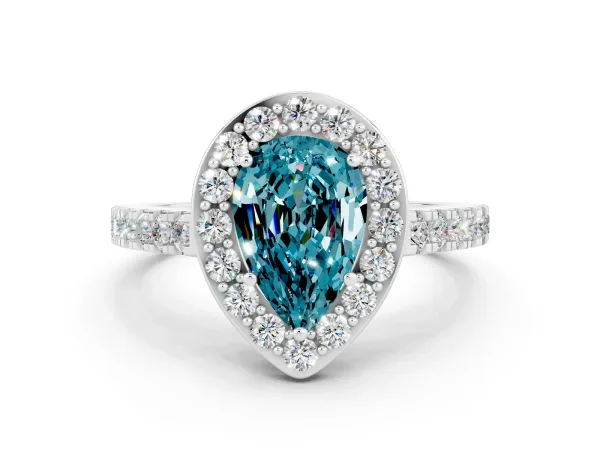 Pear Cut Blue Topaz Halo Ring with Round Pavé Split Shank and Prong Setting Platinum