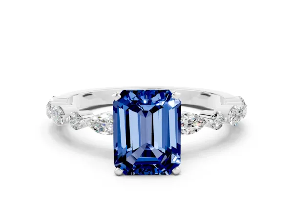 Emerald Cut Blue Sapphire Ring with Marquise and Round Side Stones and Four-Prong Setting White gold