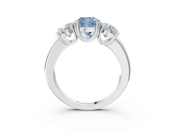 Fancy Blue Three-Stone Cushion Cut Cut Diamond Ring with Channel Set Band and Four-Prong Setting White gold