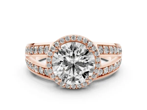 Round Cut Diamond Halo Ring with Split Shank Pavé Band and Four-Prong Setting Rose gold