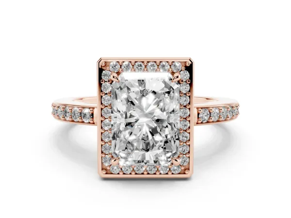 Radiant Cut Halo Pave Band Solitaire Ring with Prong Setting Rose gold